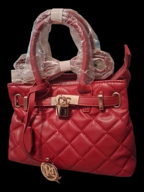 Badgley Mischka Red Quilted Top-Handle Satchel with Gold Hardware